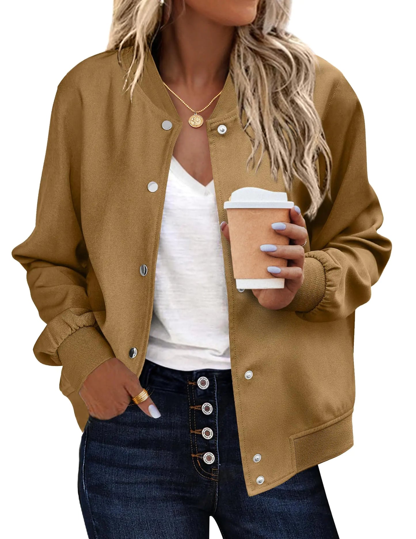Zeagoo Womens Bomber Jacket Casual Varsity Jackets Stripe Button Up Lightweight Sporty Fall Outfits with Pockets