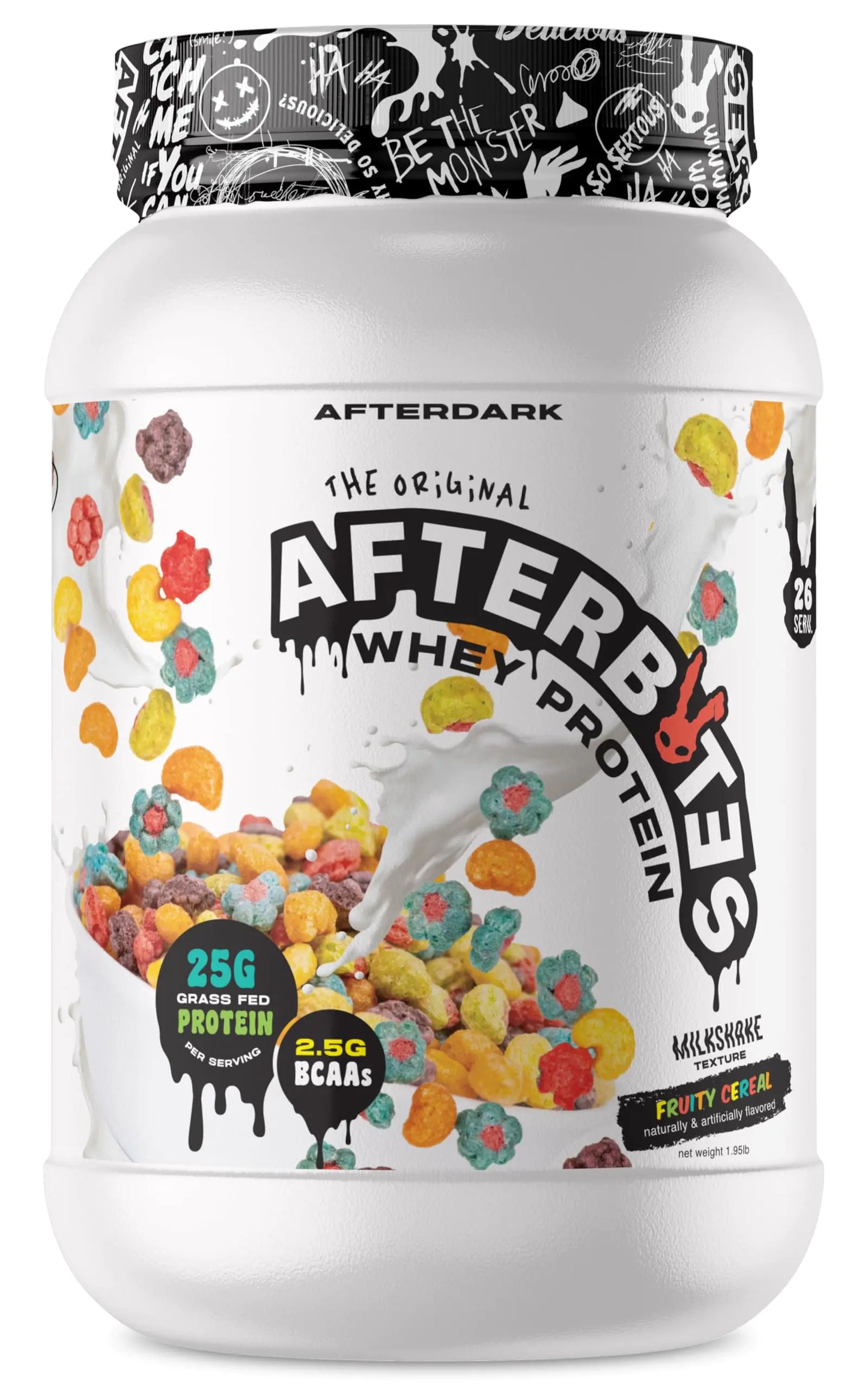 AFTERDARK AfterBites Whey Protein Powder 25g Protein 4.5g BCAA’s Easy Dissolving No Artificial Colors or Fillers Isolate Protein USA Made 26 Servings Fruity Cereal