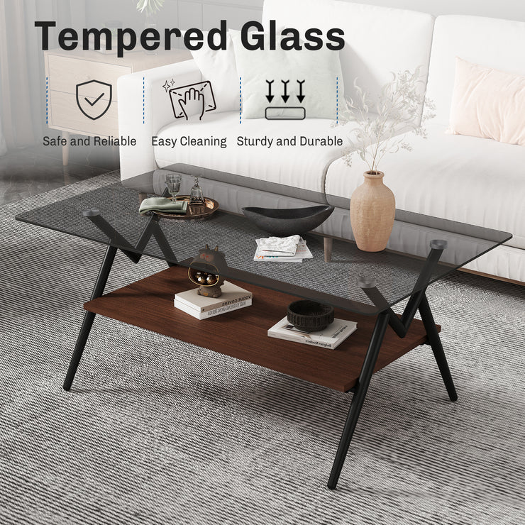 Rectangle Coffee Table with Tempered Glass top and Brown MDF Shelf