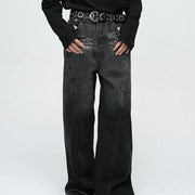 Loose Washed-Out Jeans with American Street Patchwork Design