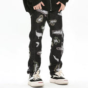 American Style Ripped Embroidered Color Contrast Jeans