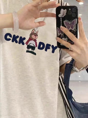 Cotton Loose Summer T-Shirt with Cartoon Print for Women