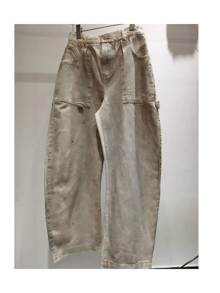 Fashionable Distressed Wide Leg Jeans with Ink Print