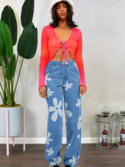 Blue Floral Print High Waist Baggy Denim Jeans for Women