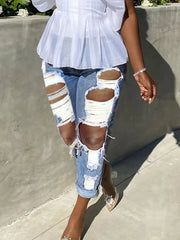 Women's Blue High Waist Ripped Straight Jeans