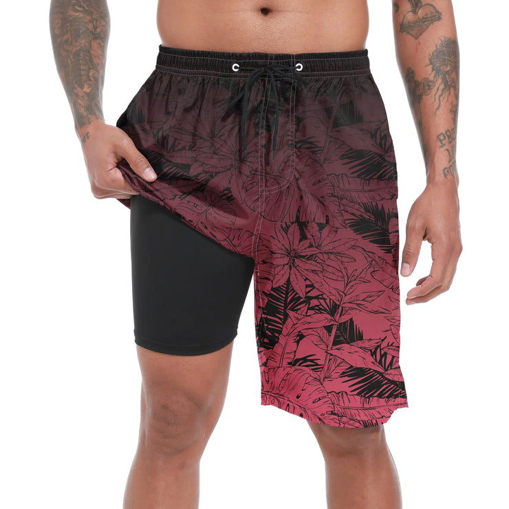 Mens Swim Trunks with Compression Liner Gradient Maroon