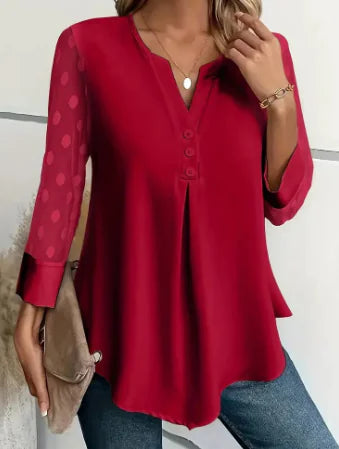 Irregular Hem T-Shirt, 3/4 Sleeve, Solid V-Neck