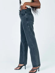 Gray High-Rise Straight Leg Baggy Jeans with Pockets