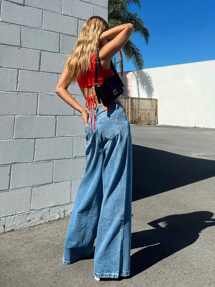 Blue High Waist Straight Baggy Denim Jeans for Women