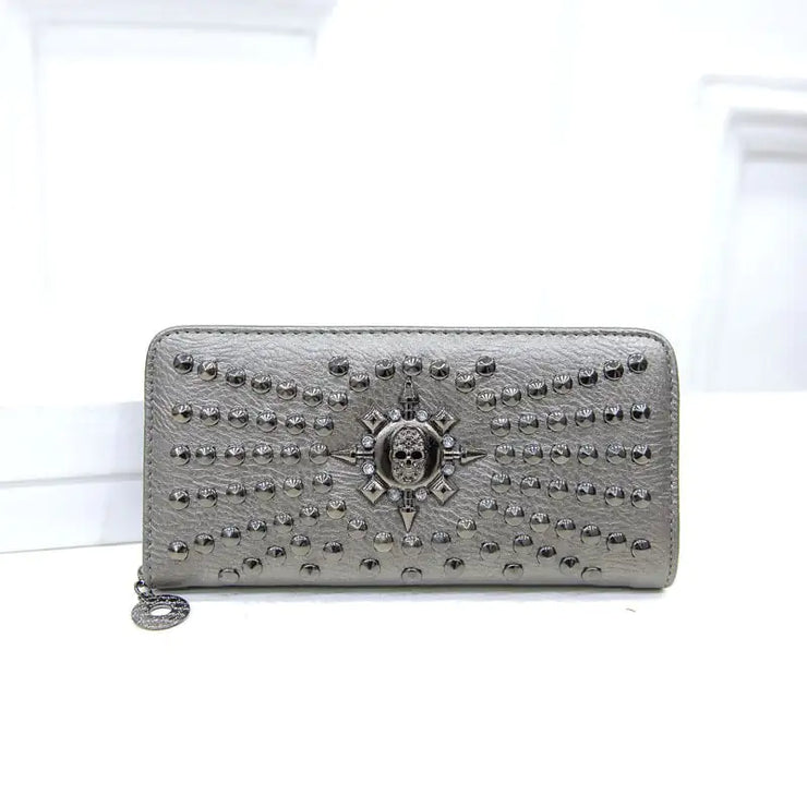 Rivet Single Zipper Clutch Wallet with Card Pockets