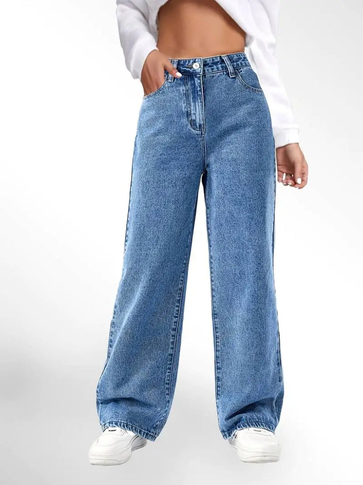 Blue High Waist Loose Fit Straight Leg Denim Jeans
