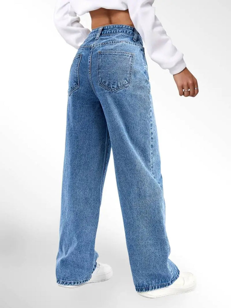 Blue High Waist Loose Fit Straight Leg Denim Jeans
