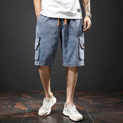 Embroidered Multi-pocket Cropped Pants with Elastic Waist