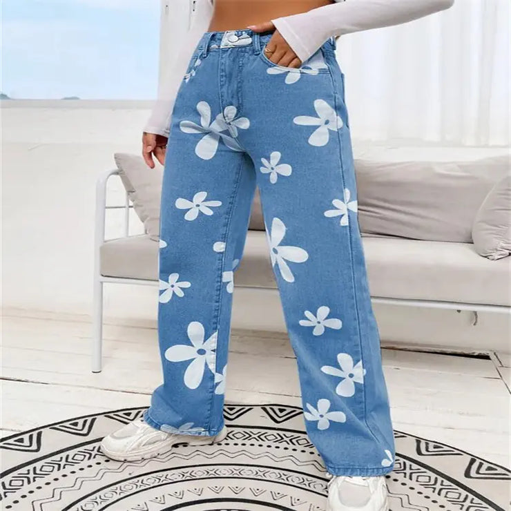 Blue Floral Print High Waist Baggy Denim Jeans for Women
