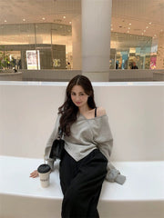 V-neck Off Shoulder Hoodie Long Sleeve Hoodies Irregular Hem Clothes Korean Chic Ropa Mujer Vintage Sudaderas All-match Roupas