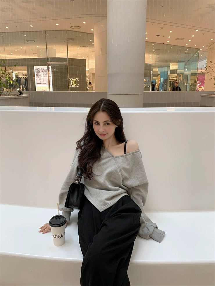 V-neck Off Shoulder Hoodie Long Sleeve Hoodies Irregular Hem Clothes Korean Chic Ropa Mujer Vintage Sudaderas All-match Roupas