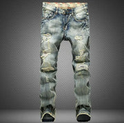 Men's Ripped Jeans with Patchwork Straight Fit Pants