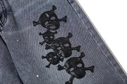 Men's Skull Embroidery Ink Washed Jeans