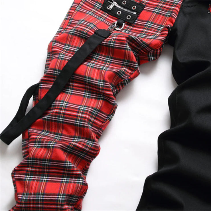 Red Plaid Punk Zipper Jeans with Gothic Hip-Hop Style