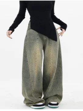 American Retro Distressed Straight-leg Wide-leg Jeans