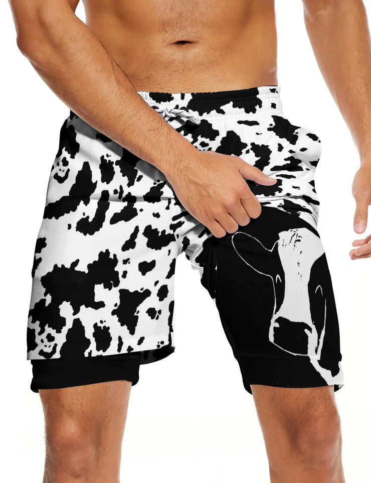 CHILL·TEK Mens Milk Cow Swim Trunks with Compression Liner Quick Dry 2 in 1 Printed Swimming Trunks Bathing Suits Swimwear with Pockets