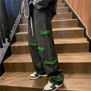 Embroidered Leather Vintage Letter Straight Leg Jeans