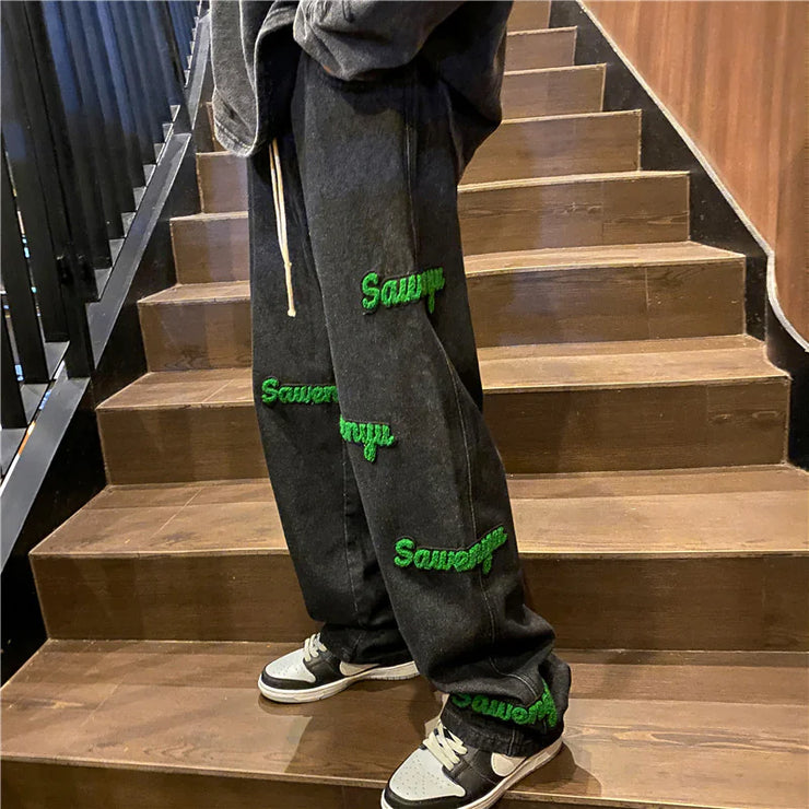 Embroidered Leather Vintage Letter Straight Leg Jeans