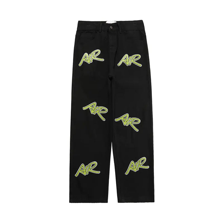 Embroidered Leather Vintage Letter Straight Leg Jeans