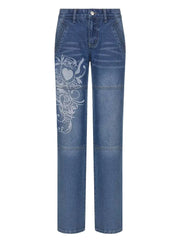 White Floral Print High Waist Baggy Fit Jeans for Women