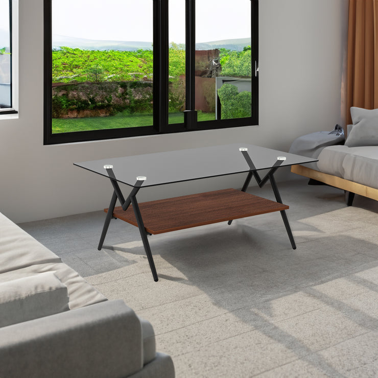 Rectangle Coffee Table with Tempered Glass top and Brown MDF Shelf