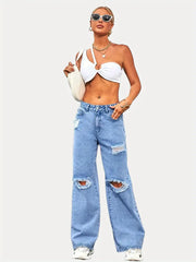 High Rise Wide Leg Ripped Distressed Jeans for Women