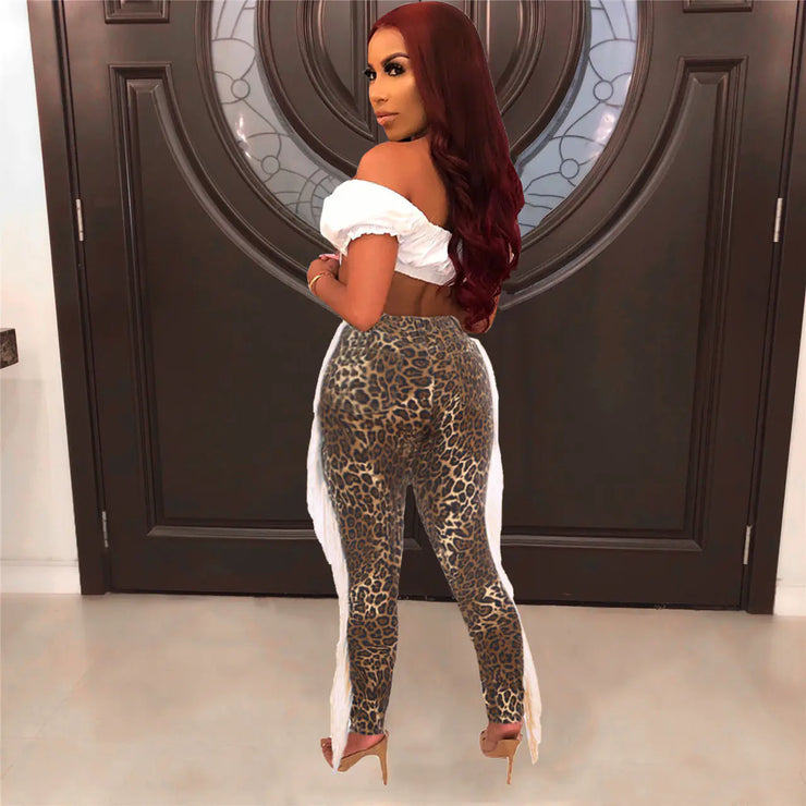 Leopard Print Distressed Fringe Denim Jeans (Q350)