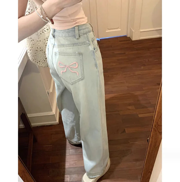 High Quality Light Blue Embroidered Wide Leg Jeans