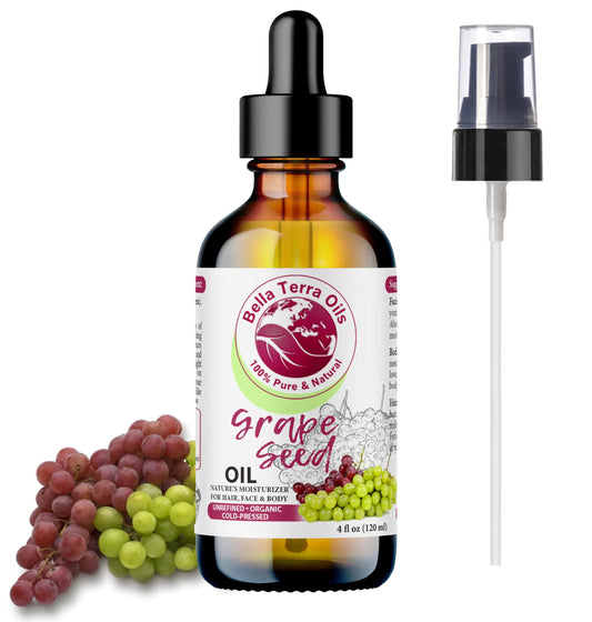 Bella Terra Oils - Organic Grape Seed Oil 4oz - Crafted from Pristine Organic Grapes Packed with Procyanidins & Vitamin F Unveiling a Radiant Skin Legacy