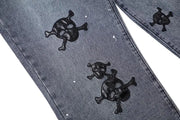 Men's Skull Embroidery Ink Washed Jeans