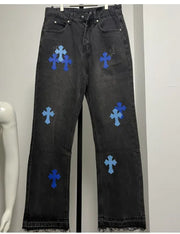 Men's Vintage Jeans with Letter Patch & Leather Embroidery