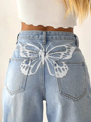 High Rise Butterfly Print Denim Jeans - Loose Fit