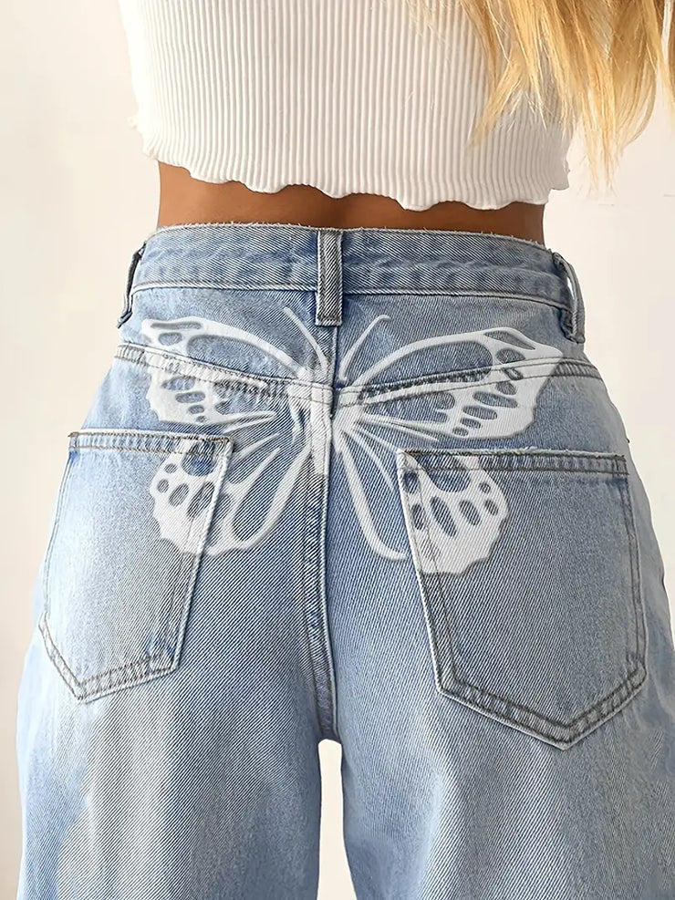 High Rise Butterfly Print Denim Jeans - Loose Fit