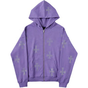 Cross Rhinestone Zip-Up Hoodie
