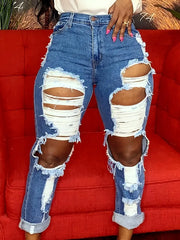 Women's Blue High Waist Ripped Straight Jeans