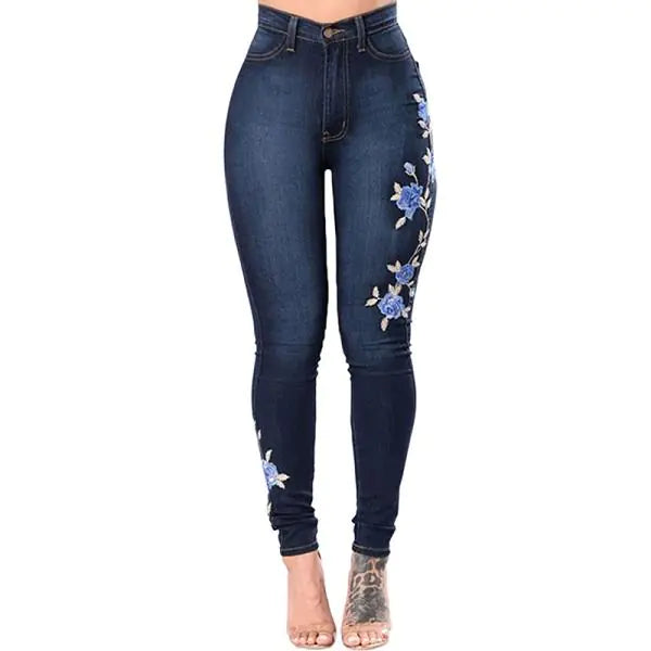 Stylish Ripped Embroidered High Stretch Jeans