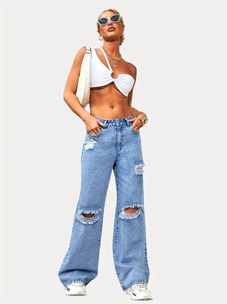 High Rise Wide Leg Ripped Distressed Jeans for Women