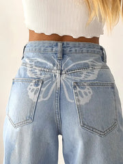 Blue Butterfly Print High Waist Loose Fit Jeans for Women