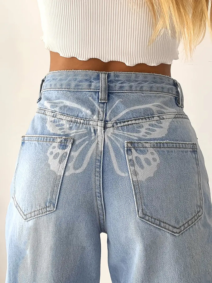 Blue Butterfly Print High Waist Loose Fit Jeans for Women