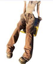 American Retro Loose Wide-Leg Frayed Jeans