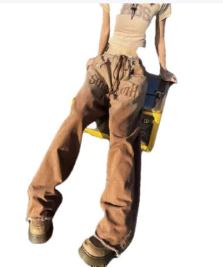 American Retro Loose Wide-Leg Frayed Jeans
