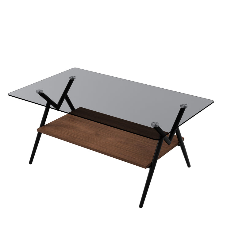 Rectangle Coffee Table with Tempered Glass top and Brown MDF Shelf