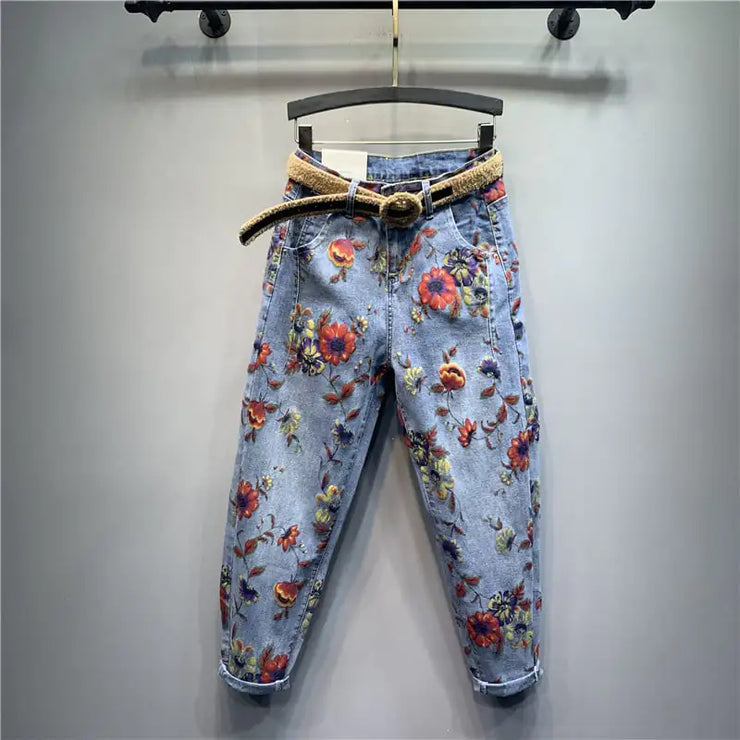Loose Floral Print Casual Baggy Jeans for Women