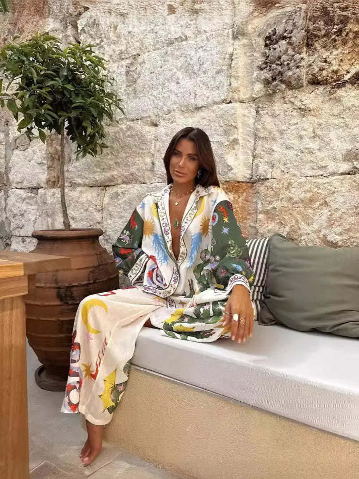 Printed Linen Macaron Long Sleeve Suit