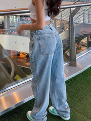 Mid Rise Baggy Loose Fit Pleated Hem Denim Jeans